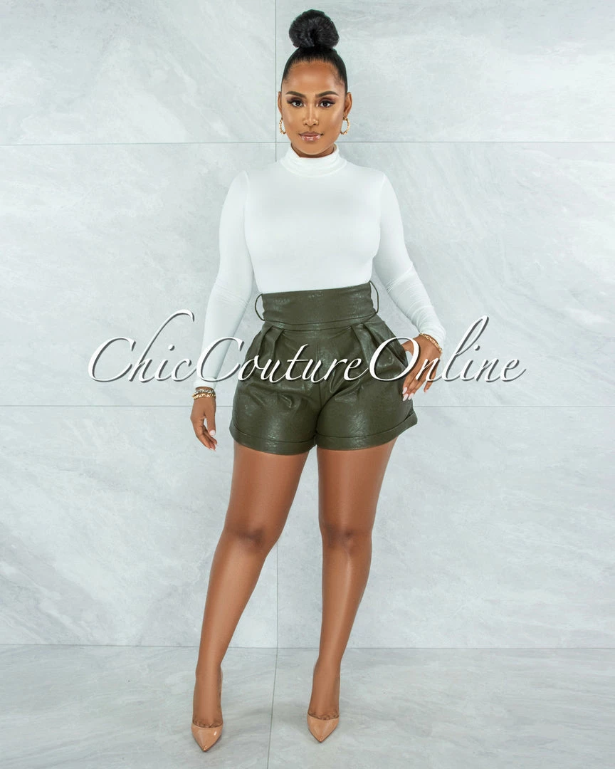 Vendor-unknown Prisma Olive Green Faux Leather Self-Tie Belt Shorts JUST IN