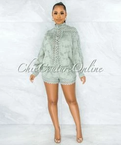 Vendor-unknown JUST IN Bansuri Sage Crochet Pearl Sheer Blouse & Shorts Set