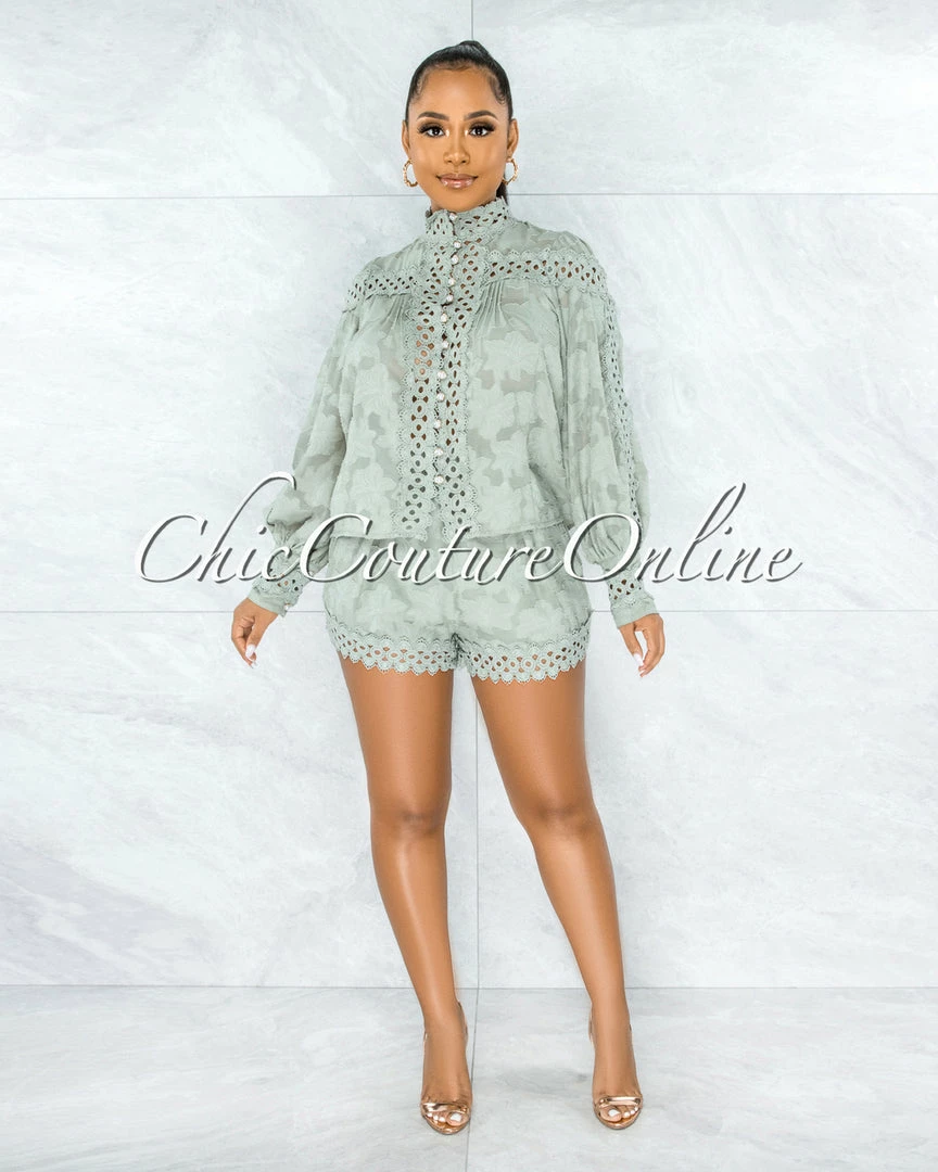 Vendor-unknown JUST IN Bansuri Sage Crochet Pearl Sheer Blouse & Shorts Set