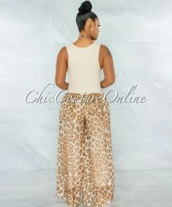 Vendor-unknown Sharley Nude Leopard Print Wide Legs Waistband Pants JUST IN