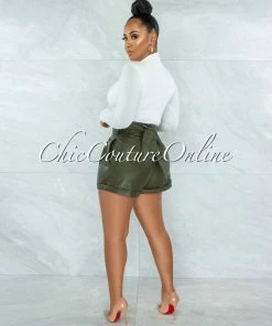 Vendor-unknown Prisma Olive Green Faux Leather Self-Tie Belt Shorts JUST IN