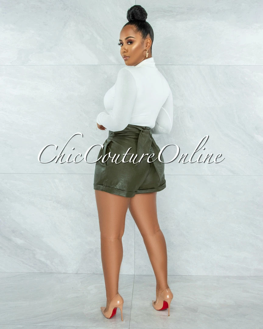 Vendor-unknown Prisma Olive Green Faux Leather Self-Tie Belt Shorts JUST IN