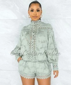 Vendor-unknown JUST IN Bansuri Sage Crochet Pearl Sheer Blouse & Shorts Set