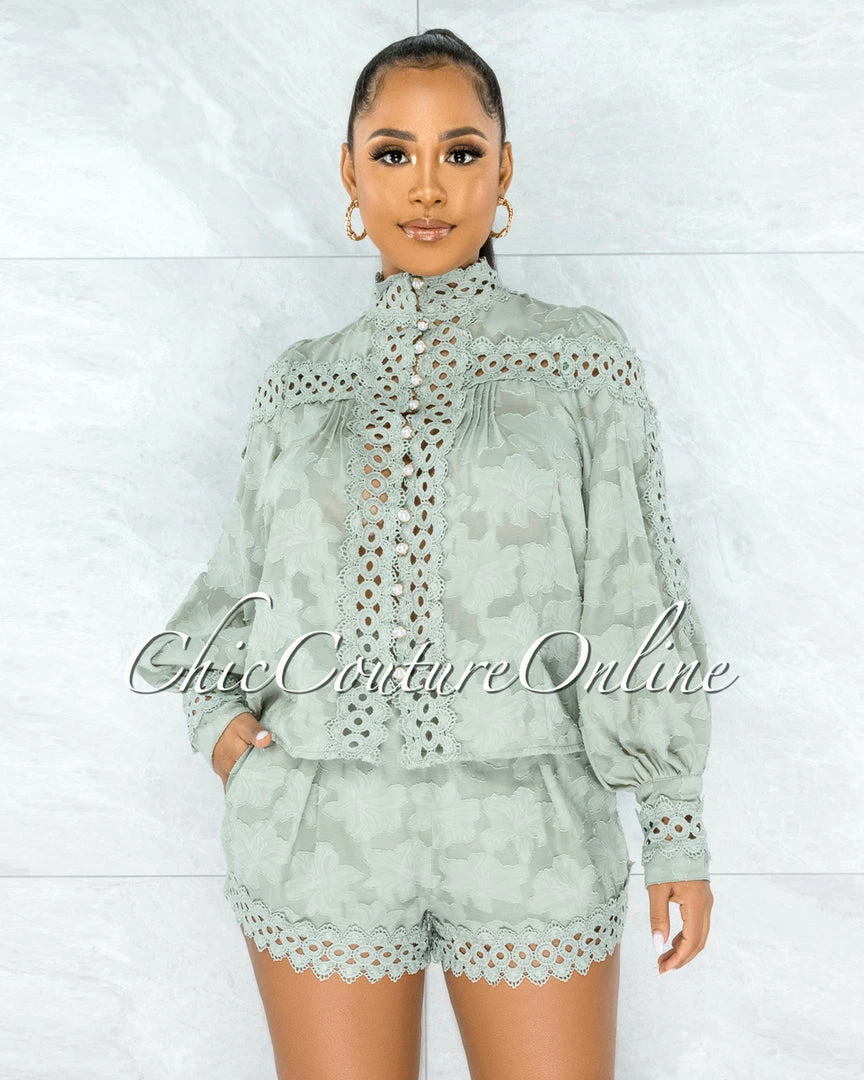 Vendor-unknown JUST IN Bansuri Sage Crochet Pearl Sheer Blouse & Shorts Set