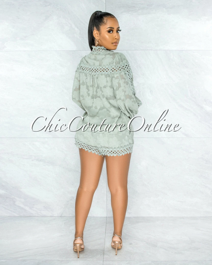 Vendor-unknown JUST IN Bansuri Sage Crochet Pearl Sheer Blouse & Shorts Set