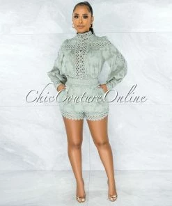 Vendor-unknown JUST IN Bansuri Sage Crochet Pearl Sheer Blouse & Shorts Set