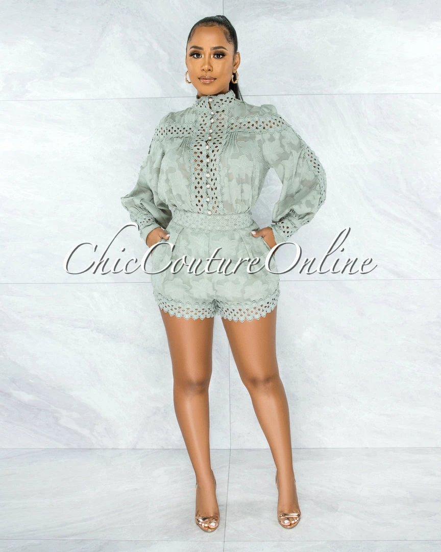 Vendor-unknown JUST IN Bansuri Sage Crochet Pearl Sheer Blouse & Shorts Set