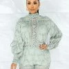 Vendor-unknown JUST IN Bansuri Sage Crochet Pearl Sheer Blouse & Shorts Set