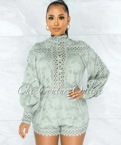 Vendor-unknown JUST IN Bansuri Sage Crochet Pearl Sheer Blouse & Shorts Set