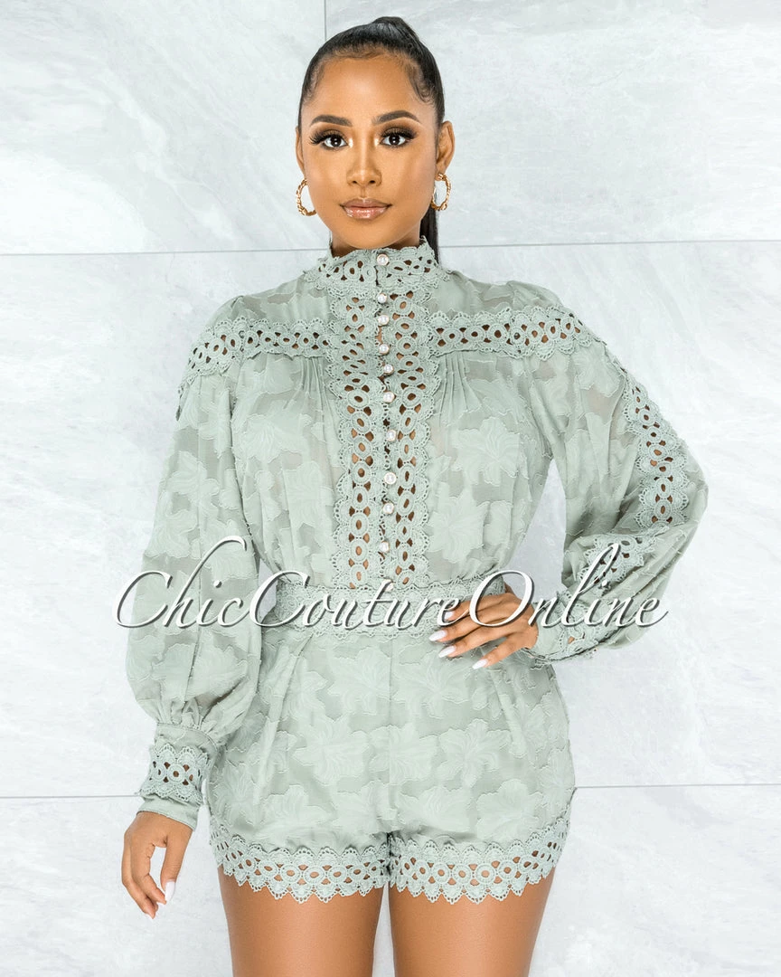 Vendor-unknown JUST IN Bansuri Sage Crochet Pearl Sheer Blouse & Shorts Set