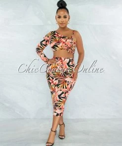 Chic Couture Online Siena Orange Black Leaf Print Single Sleeve Cut-Out Dress