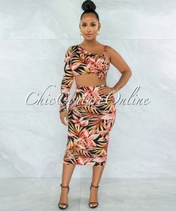 Chic Couture Online Siena Orange Black Leaf Print Single Sleeve Cut-Out Dress