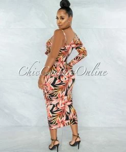 Chic Couture Online Siena Orange Black Leaf Print Single Sleeve Cut-Out Dress