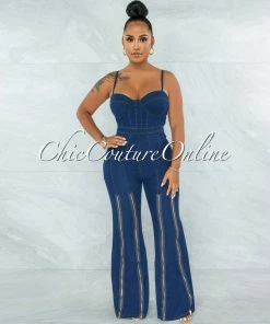Vendor-unknown JUST IN Dominica Dark Denim Zipper Bell Legs Jumpsuit
