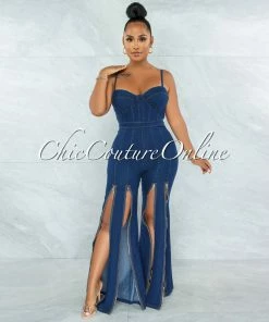 Vendor-unknown JUST IN Dominica Dark Denim Zipper Bell Legs Jumpsuit