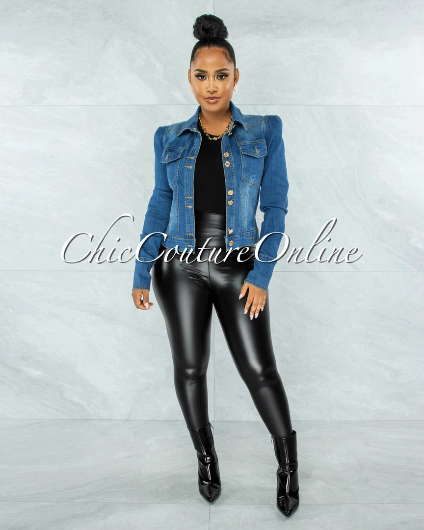 Vendor-unknown Levina Medium Blue Padded Shoulders Denim Jacket JUST IN