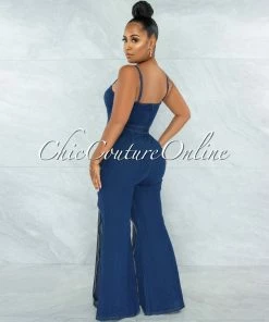 Vendor-unknown JUST IN Dominica Dark Denim Zipper Bell Legs Jumpsuit
