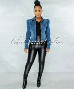 Vendor-unknown Levina Medium Blue Padded Shoulders Denim Jacket JUST IN