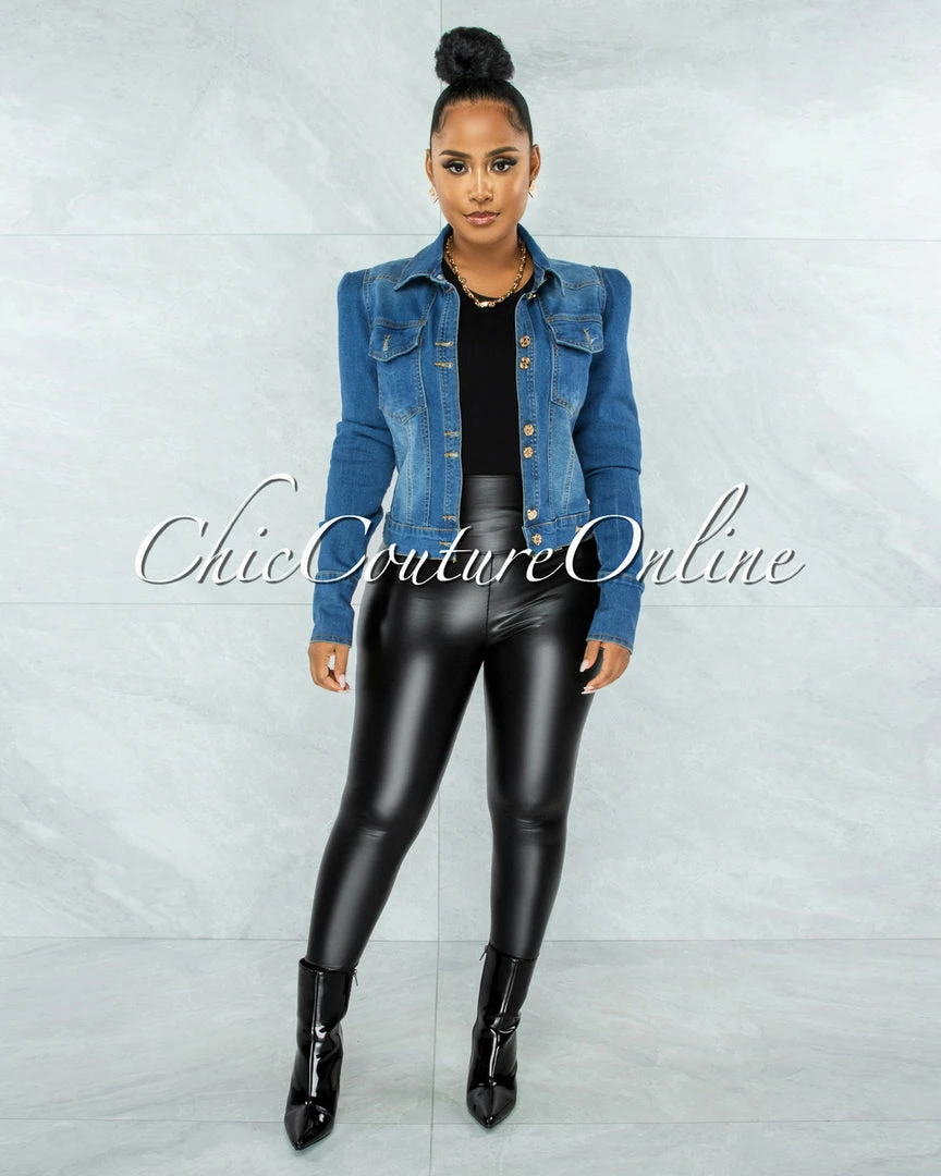 Vendor-unknown Levina Medium Blue Padded Shoulders Denim Jacket JUST IN