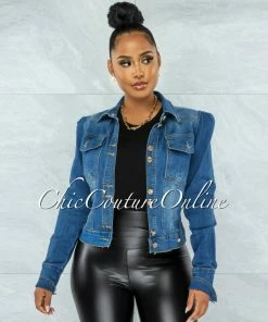 Vendor-unknown Levina Medium Blue Padded Shoulders Denim Jacket JUST IN