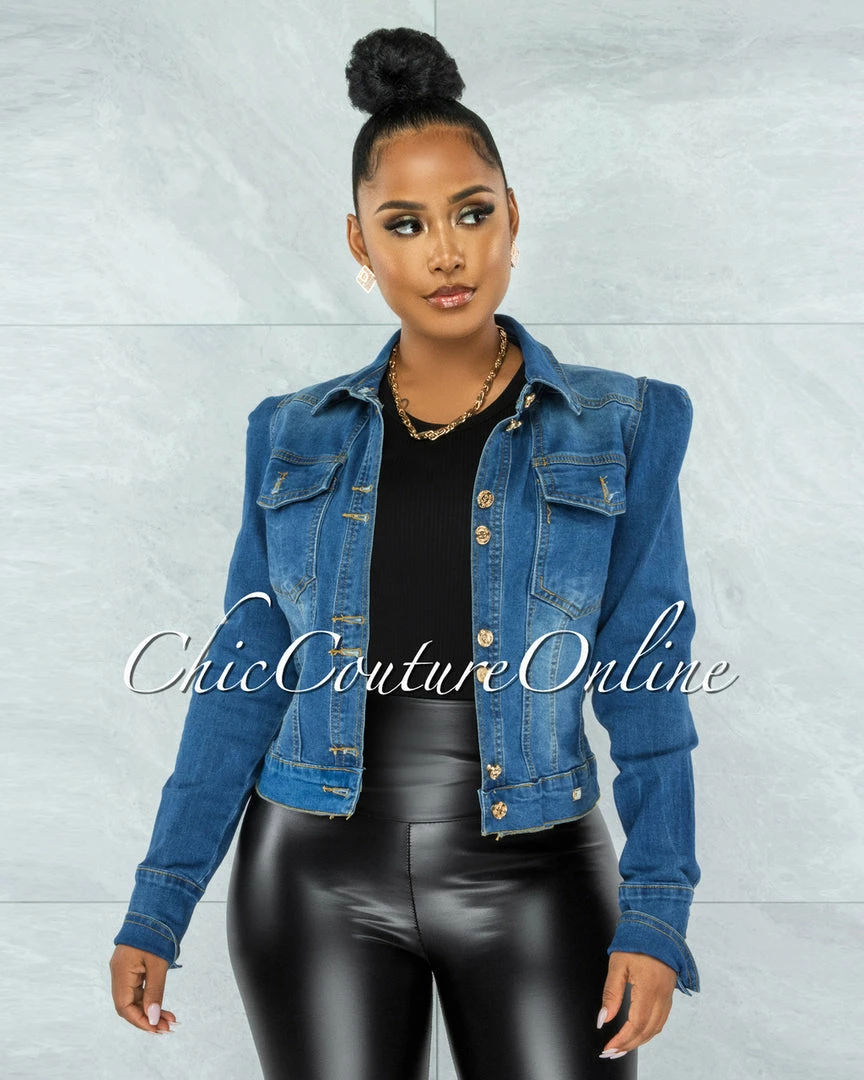 Vendor-unknown Levina Medium Blue Padded Shoulders Denim Jacket JUST IN
