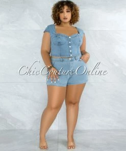Vendor-unknown Belda Light Washed Denim Top & Shorts Set