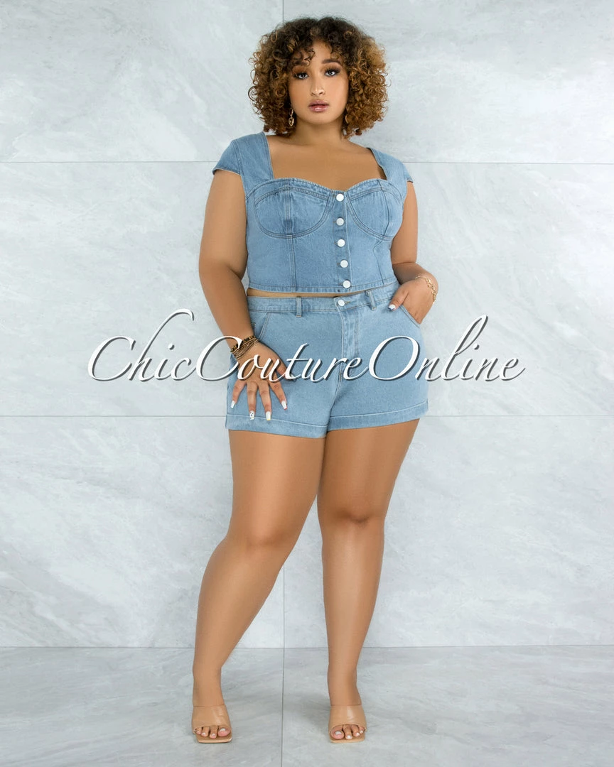 Vendor-unknown Belda Light Washed Denim Top & Shorts Set