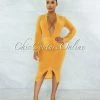 Vendor-unknown Dager Mustard Yellow Draped Front Slit Midi Dress
