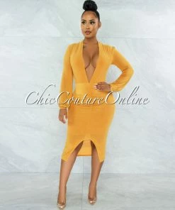 Vendor-unknown Dager Mustard Yellow Draped Front Slit Midi Dress