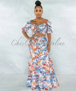 Vendor-unknown Chauve Blue Coral Print Smocked Ruffle Skirt Set JUST IN