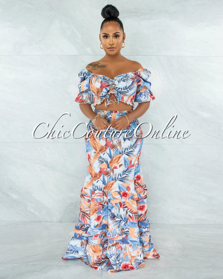 Vendor-unknown Chauve Blue Coral Print Smocked Ruffle Skirt Set JUST IN