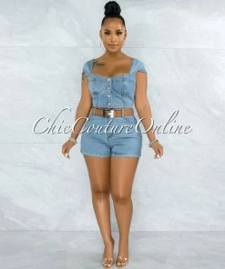 Vendor-unknown Belda Light Washed Denim Top & Shorts Set