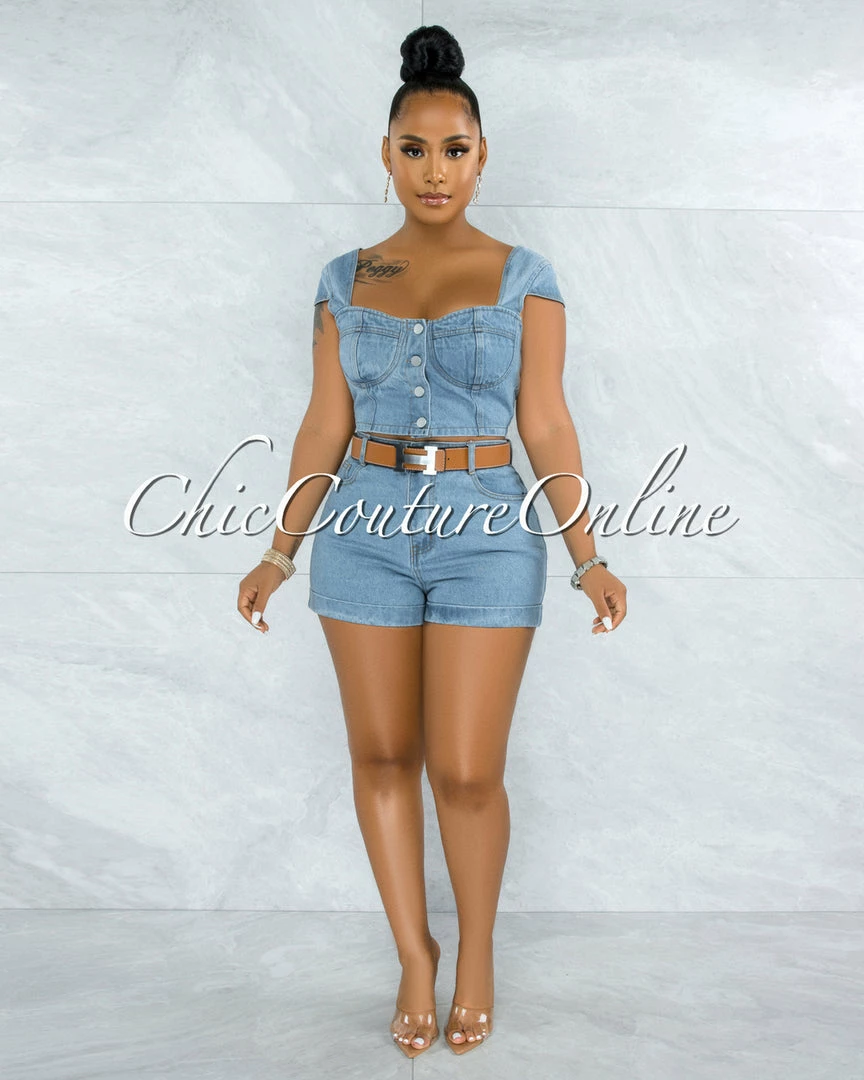 Vendor-unknown Belda Light Washed Denim Top & Shorts Set