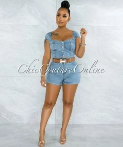 Vendor-unknown Belda Light Washed Denim Top & Shorts Set