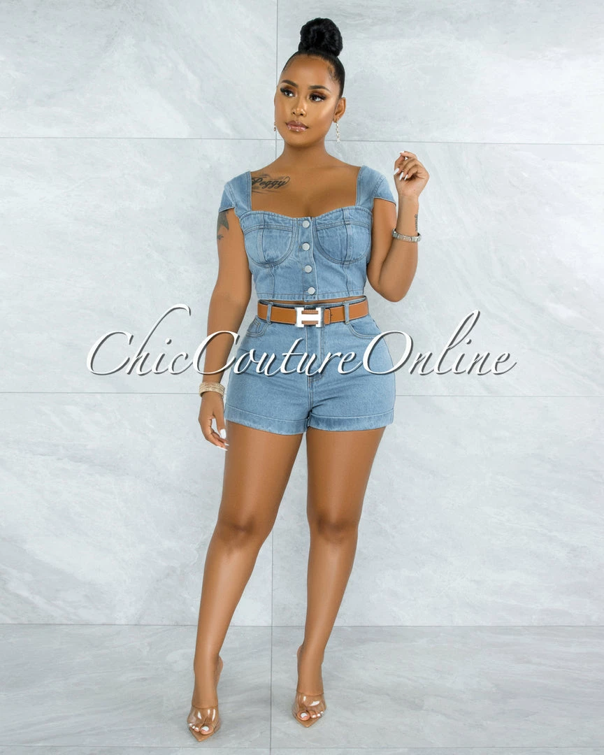Vendor-unknown Belda Light Washed Denim Top & Shorts Set