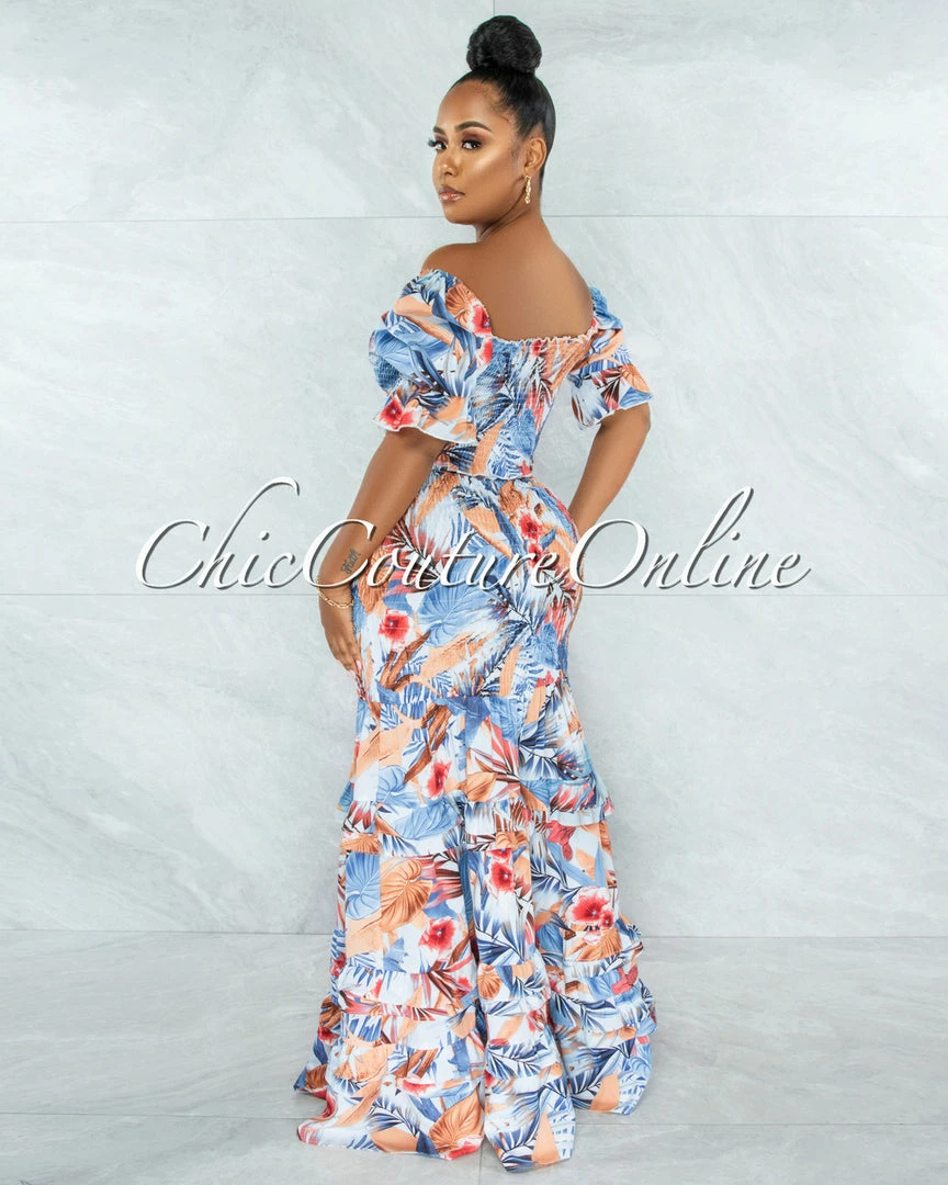 Vendor-unknown Chauve Blue Coral Print Smocked Ruffle Skirt Set JUST IN