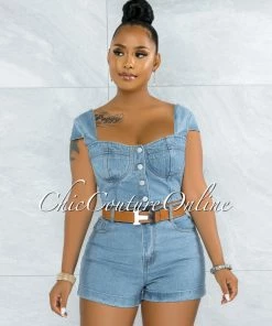 Vendor-unknown Belda Light Washed Denim Top & Shorts Set