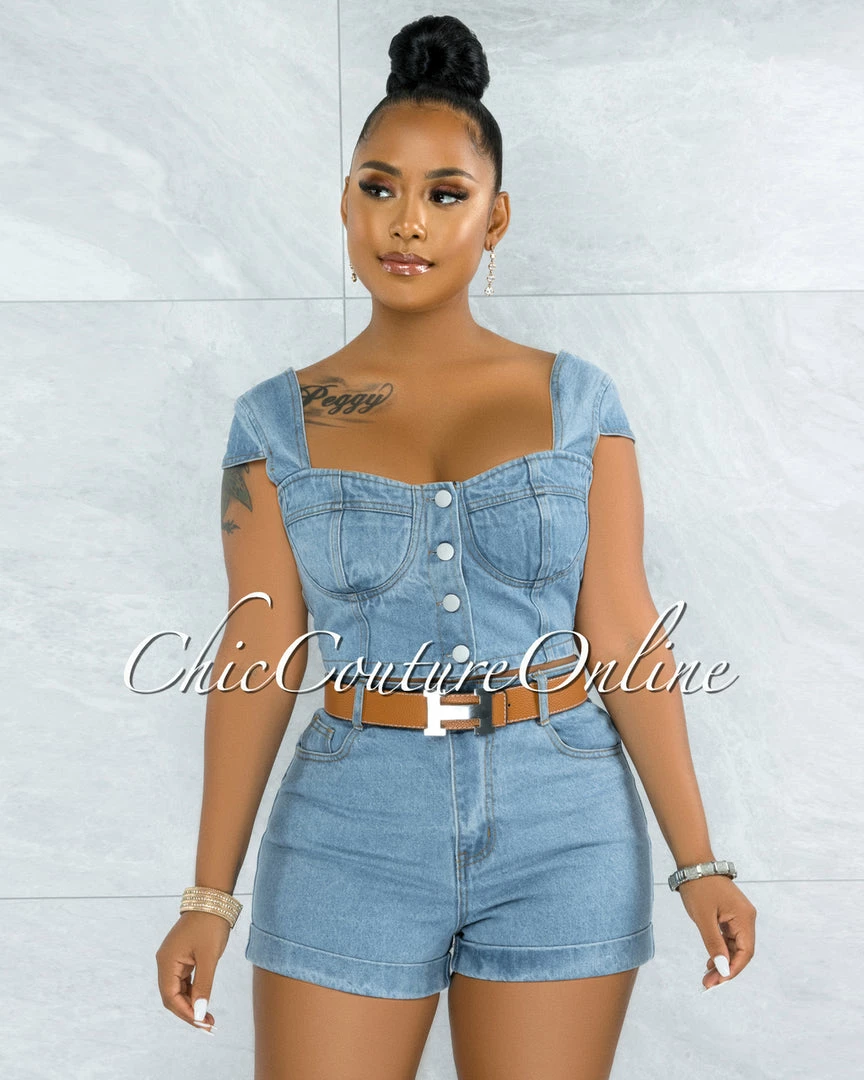 Vendor-unknown Belda Light Washed Denim Top & Shorts Set