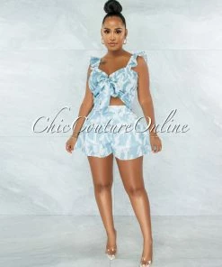 Vendor-unknown JUST IN Esperanza Sky Blue White Print Smocked Tie Top Two Piece Set