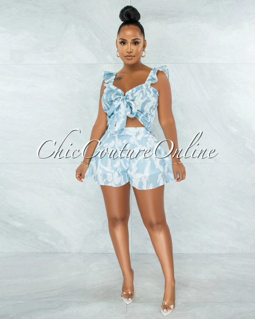 Vendor-unknown JUST IN Esperanza Sky Blue White Print Smocked Tie Top Two Piece Set