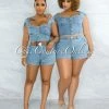 Vendor-unknown Belda Light Washed Denim Top & Shorts Set