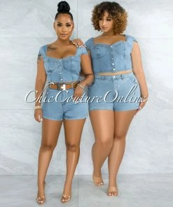 Vendor-unknown Belda Light Washed Denim Top & Shorts Set