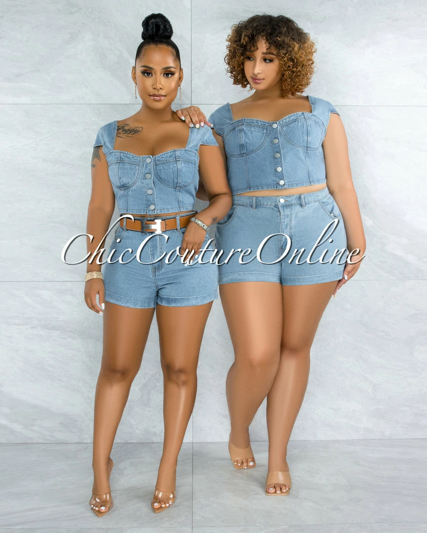 Vendor-unknown Belda Light Washed Denim Top & Shorts Set