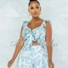 Vendor-unknown JUST IN Esperanza Sky Blue White Print Smocked Tie Top Two Piece Set