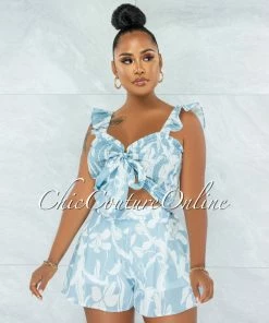 Vendor-unknown JUST IN Esperanza Sky Blue White Print Smocked Tie Top Two Piece Set