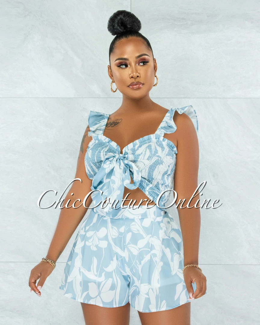 Vendor-unknown JUST IN Esperanza Sky Blue White Print Smocked Tie Top Two Piece Set