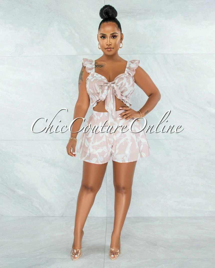 Vendor-unknown Esperanza Nude White Print Smocked Tie Top Two Piece Set