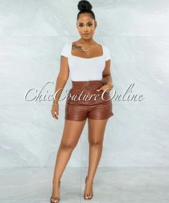 Vendor-unknown Monique Brown Faux Leather Paper Bag Shorts