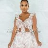 Vendor-unknown Esperanza Nude White Print Smocked Tie Top Two Piece Set