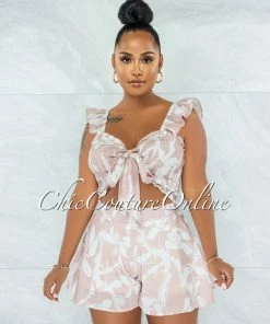 Vendor-unknown Esperanza Nude White Print Smocked Tie Top Two Piece Set